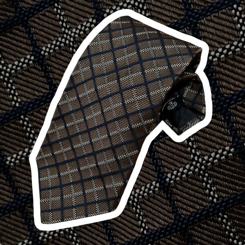 Faconnable Necktie Brown Grid Check Plaid Silk Hand Made in France Tie